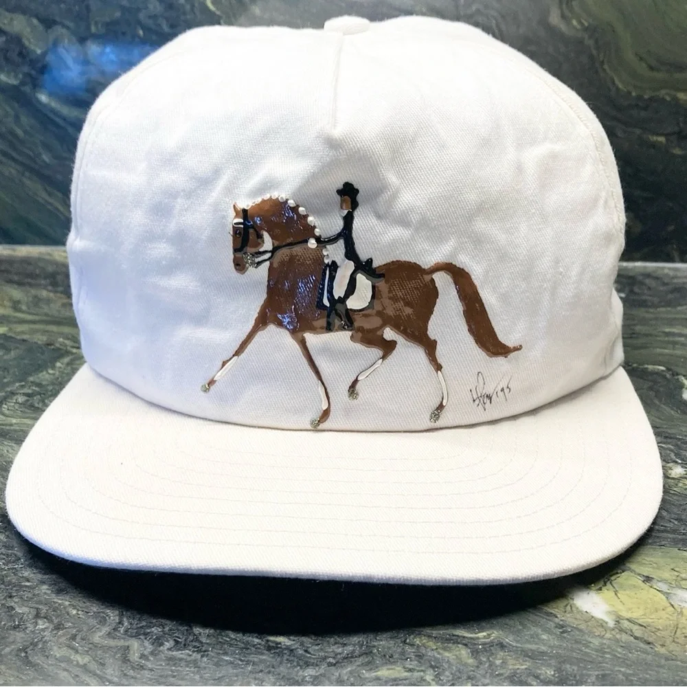 Equestrian Hand Painted Ball Cap Hat Horse Dressage White New